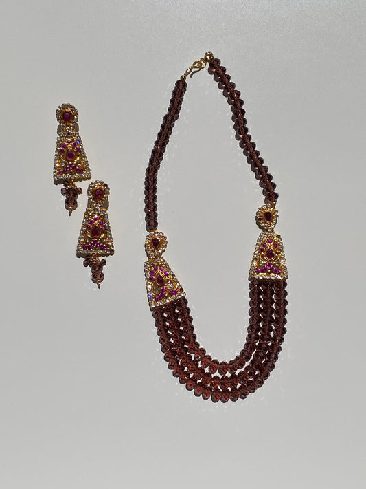 Vintage Jewellery Set Triple Strand Amethyst Crystal Bead Necklace with Rhinestone Gold Earrings