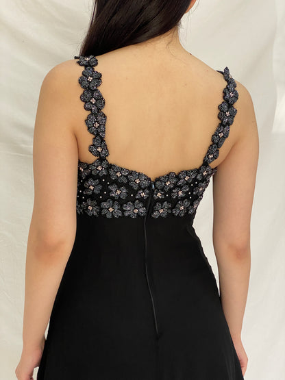 Vintage 90s A.J. Bari Black Silk Beaded Floral Bodice Mini Dress - S