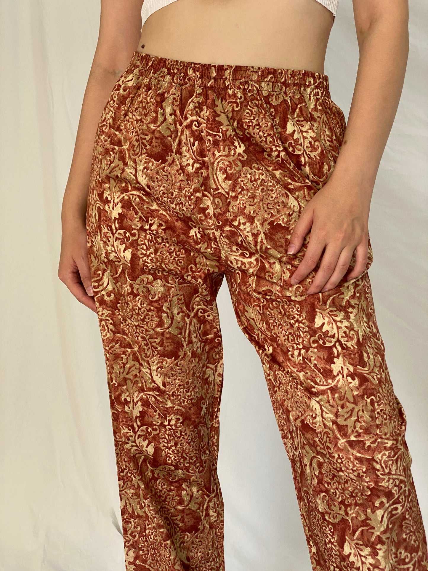 Vintage Peruvian Connection Rust & Cream Baroque Print Cotton Pants – M