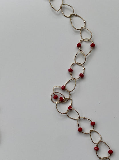 Vintage NY Gold Tone Open Link Chain Necklace with Red Crystal Beads