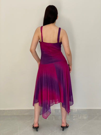 Vintage Y2K Three Pink Hearts Pink & Purple Ombré Glitter Mesh Handkerchief Midi Dress - L