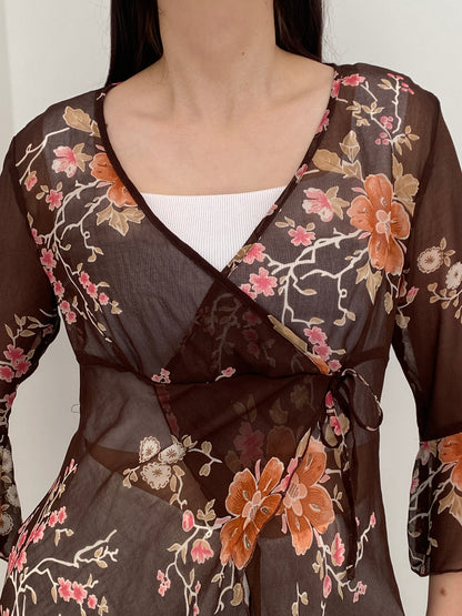 Y2K Une Mode Pour Moi Brown Sheer Floral Wrap Tunic Top – M