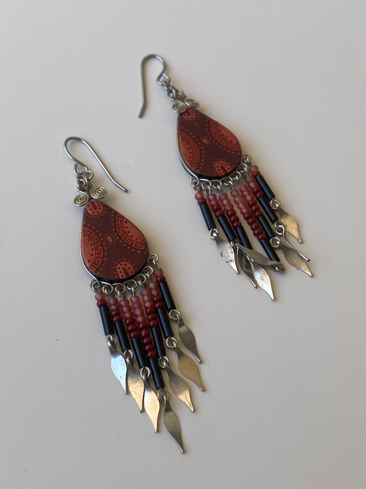 Vintage Boho Beaded Fringe Drop Earrings Tribal Inspired Red & Black Statement Earrings Vintage Boho Beaded Fringe Drop Earrings Tribal Inspired Red & Black Statement Earrings