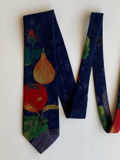 Vintage 1990s Hagelume Samen Zeker Navy Botanical Fruit Print Wide Necktie