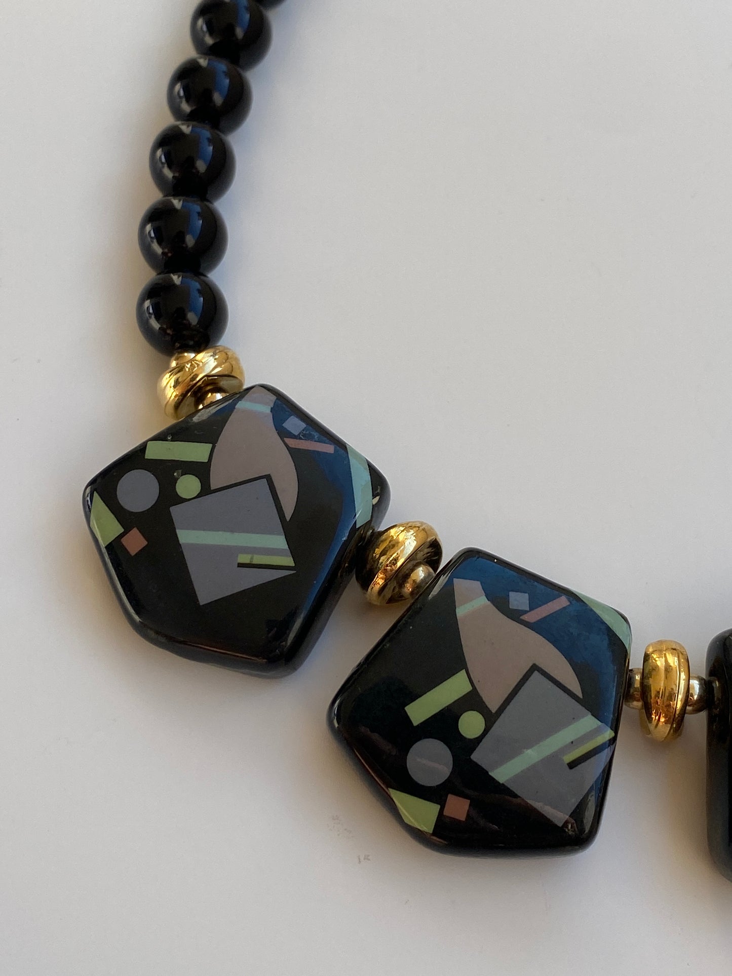 Vintage 1980s Art Deco Revival Black Geometric Beaded Statement Necklace