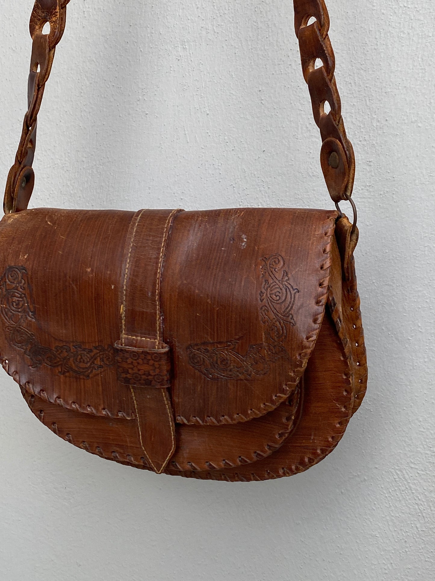 Vintage Boho Brown Hand-Tooled Leather Crossbody Bag Embossed Saddle Bag