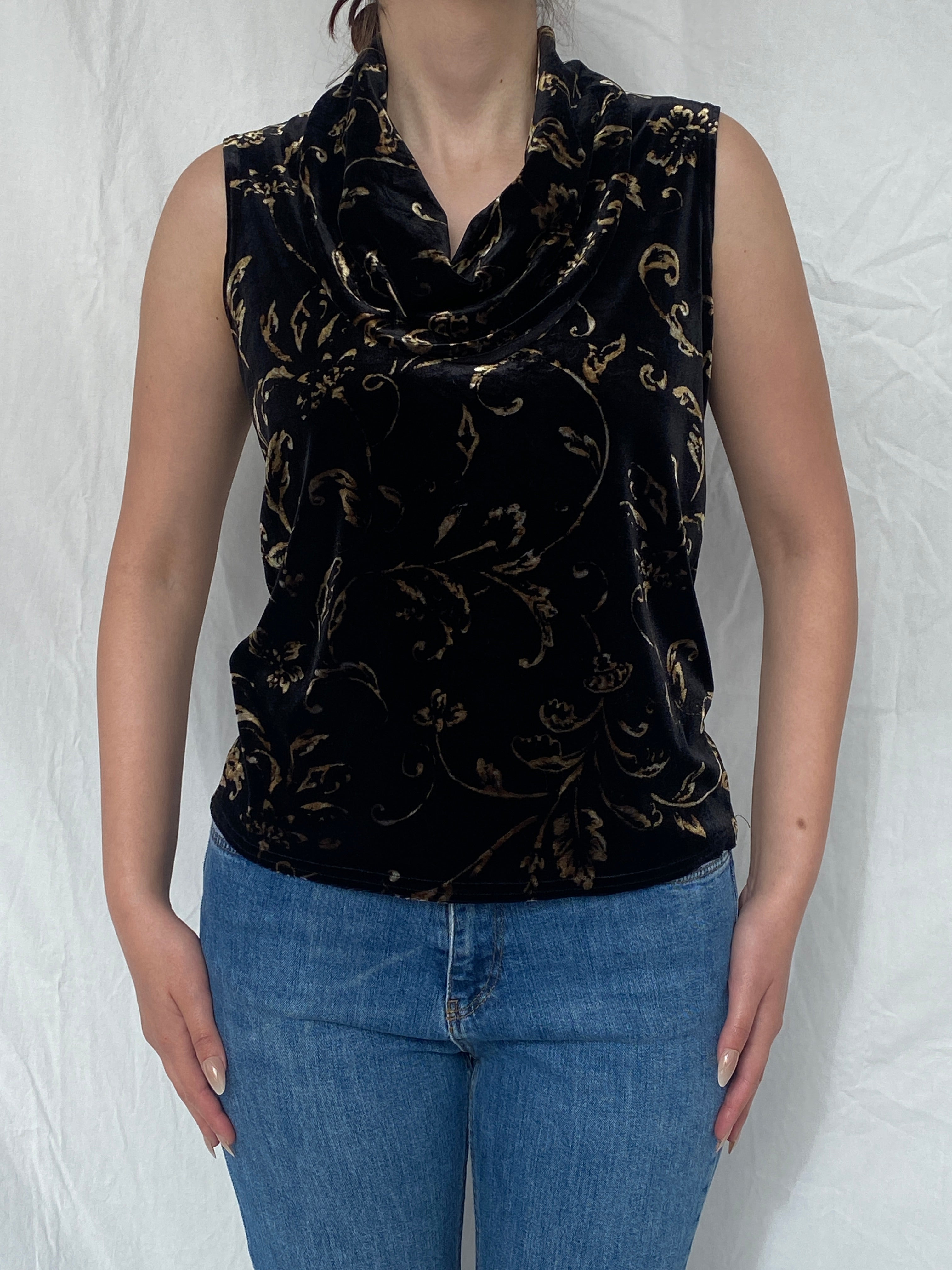 Vintage 90s Kathie Lee Collection Black & Gold Velvet Cowl Neck Women’s Sleeveless Top - M