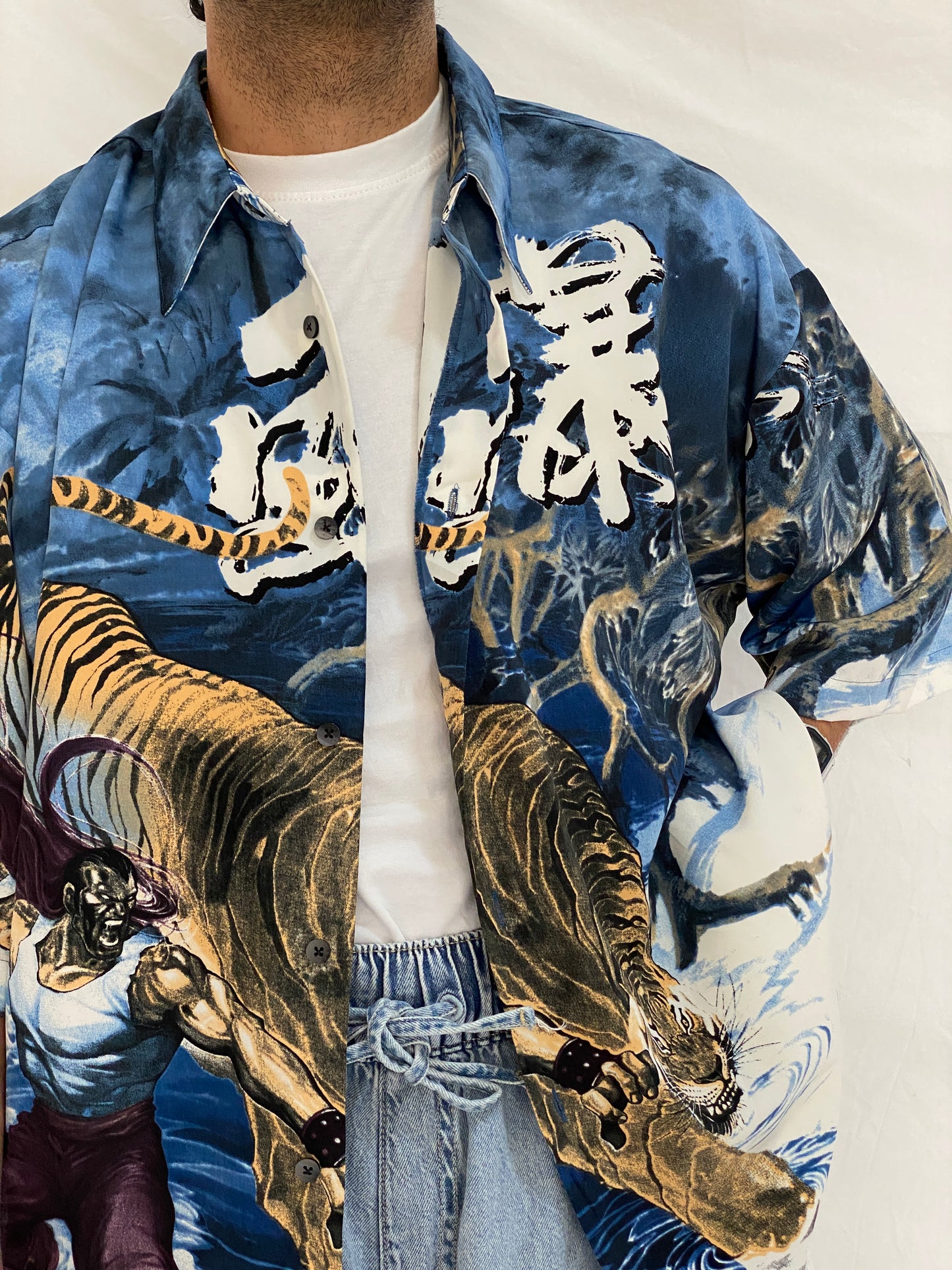 Vintage Billionbay Japanese Tiger Graphic Shirt Blue Y2K Anime Streetwear Button Up Camp Shirt - XL