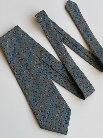 Vintage 1990s Grey Multicolor Geometric Triangle Polyester Necktie