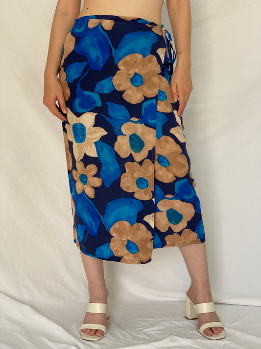 Vintage 1990s Blue & Tan Abstract Floral Wrap Midi Skirt - M