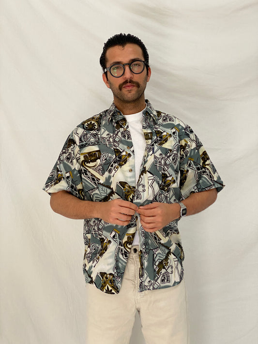 Vintage Valentine Italy Style Abstract Printed Short Sleeve Shirt – M