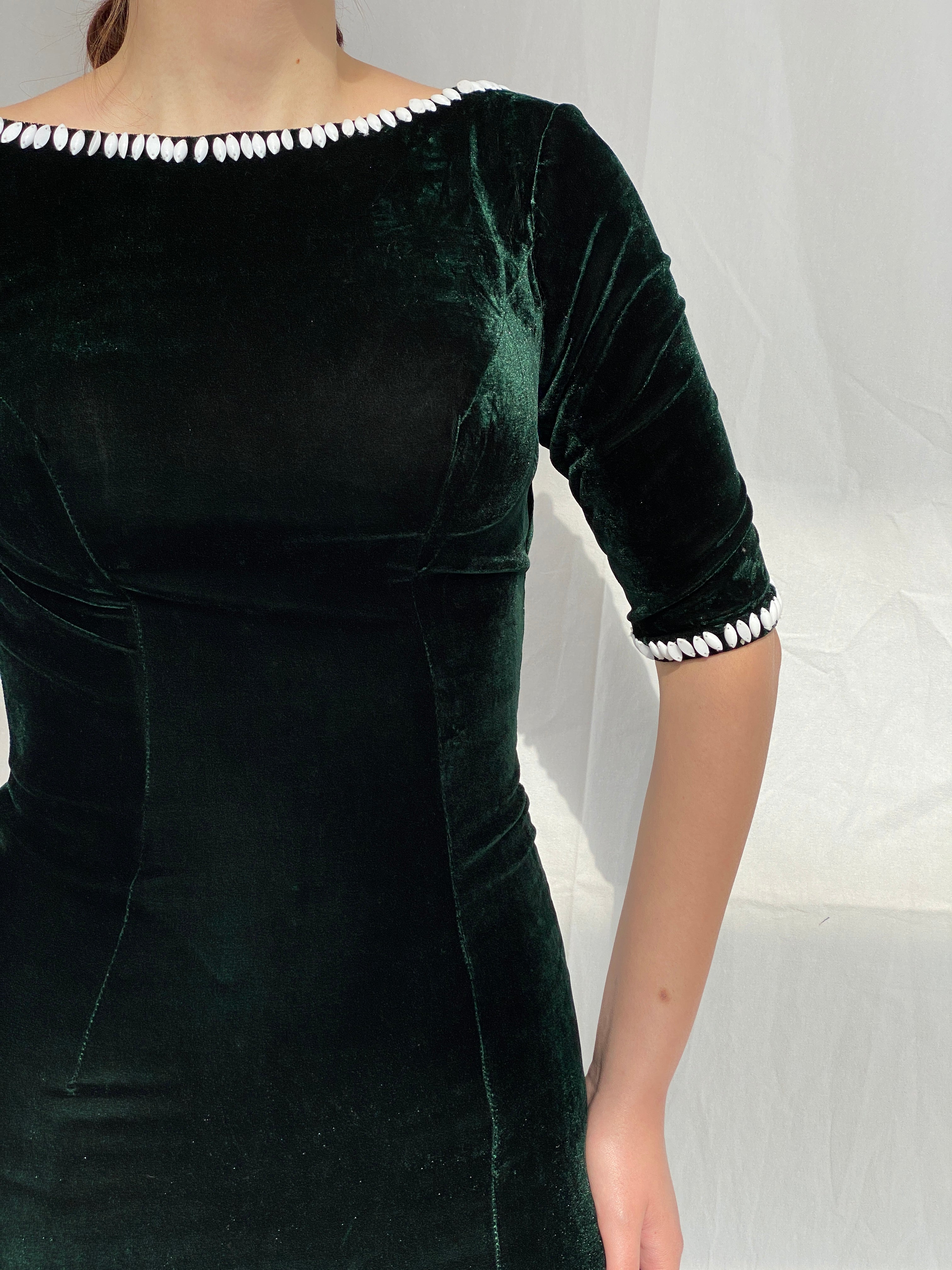 Vintage Green Velvet Maxi Dress With A Side Slit &amp; Open Beaded Back - M