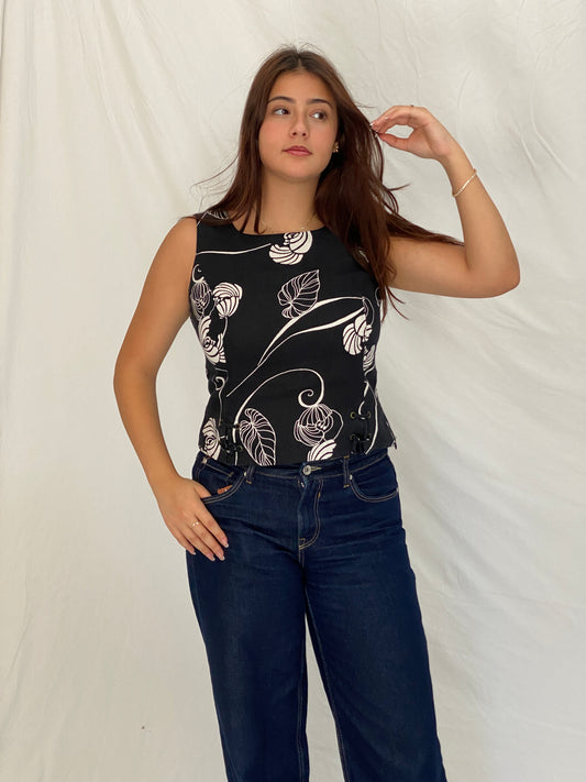 Vintage CASSANI Black Linen Floral Sleeveless Top – M