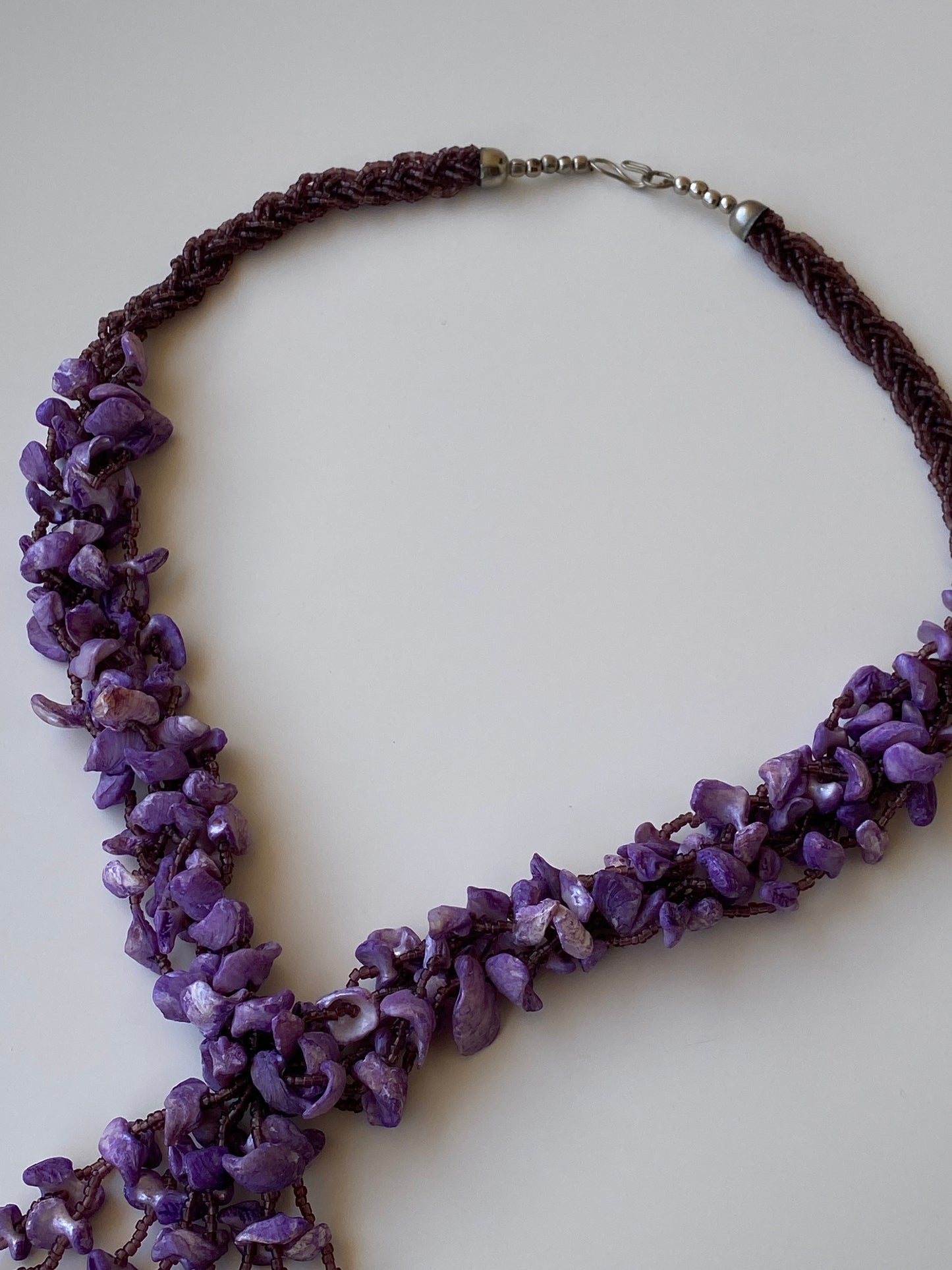 Vintage Purple Chip Stone & Seed Bead Braided Tassel Fringe Necklace