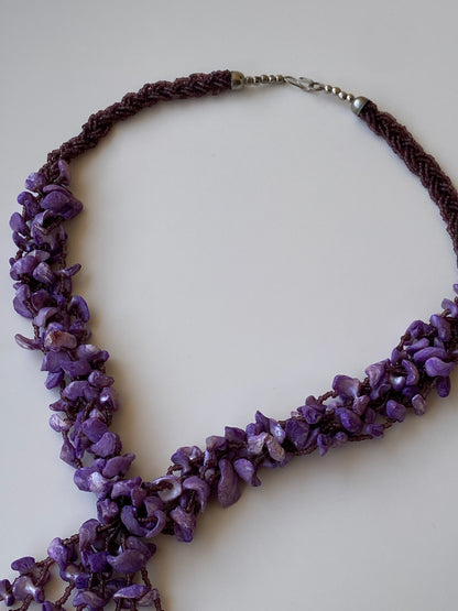 Vintage Purple Chip Stone & Seed Bead Braided Tassel Fringe Necklace