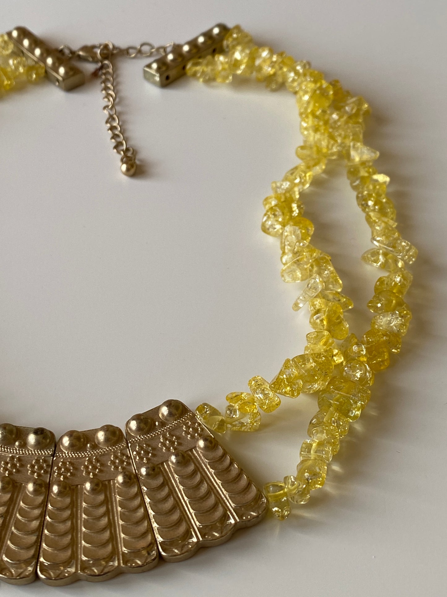 Vintage Yellow Crystal Chip Necklace with Gold-Tone Statement Panel Boho Ethnic Necklace