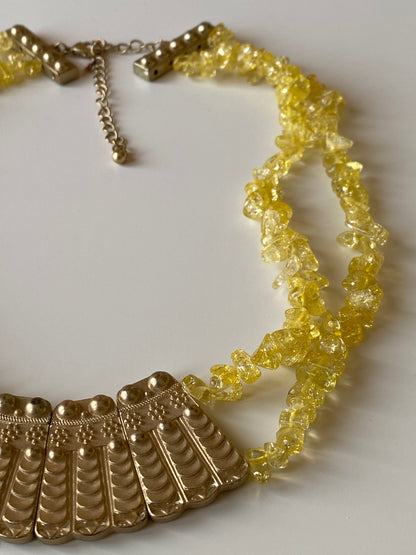 Vintage Yellow Crystal Chip Necklace with Gold-Tone Statement Panel Boho Ethnic Necklace