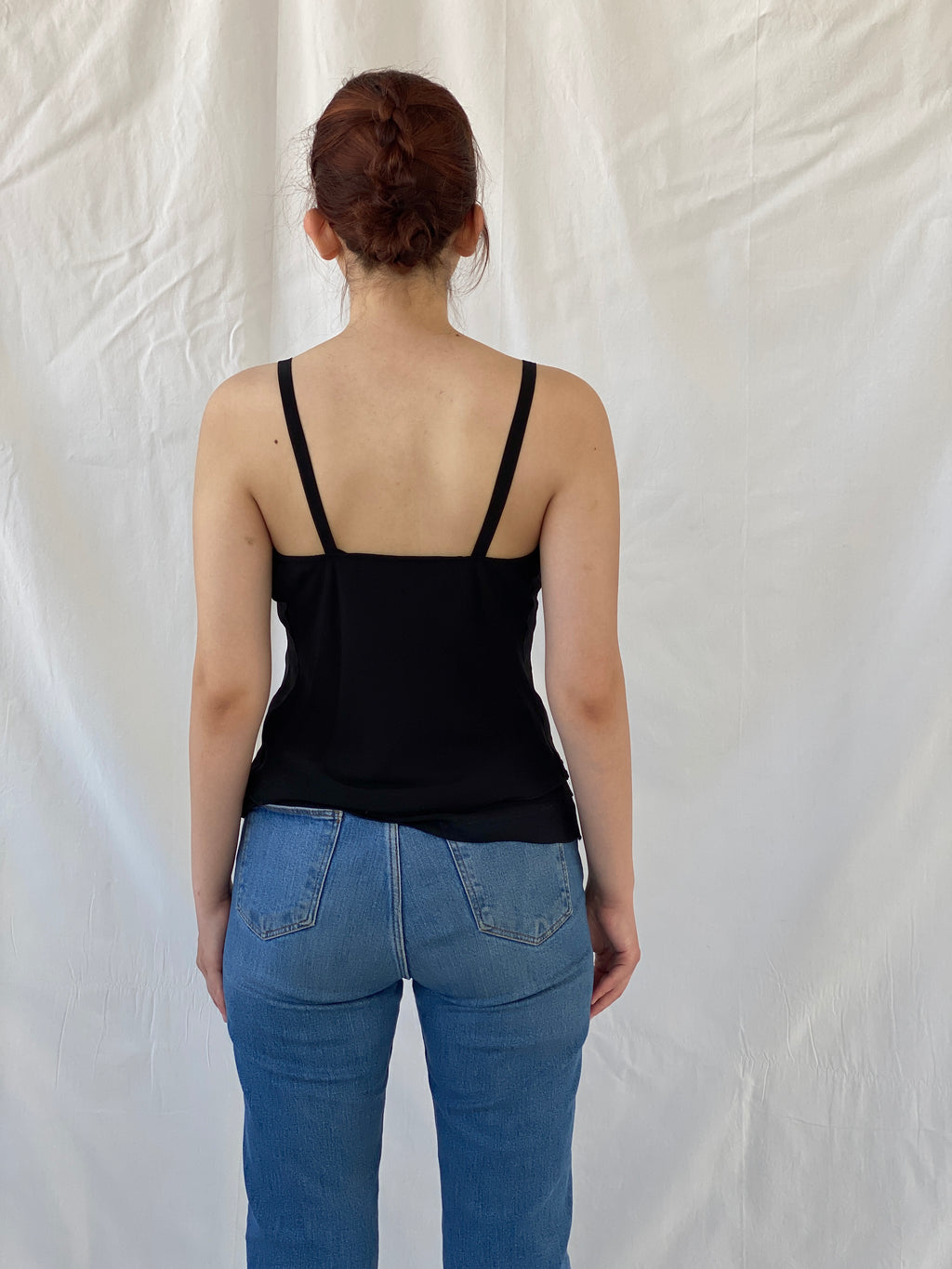 Vintage Black Embroidered Chiffon Camisole Beaded Cami Top - M