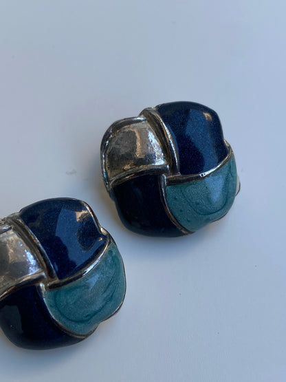 Vintage Geometric Enamel Clip-On Navy Blue, Teal & Silver Earrings