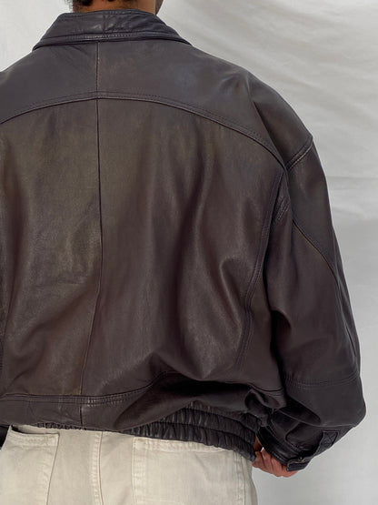 Vintage Oversized Genuine Leather Bomber Jacket in Dark Plum Brown – L