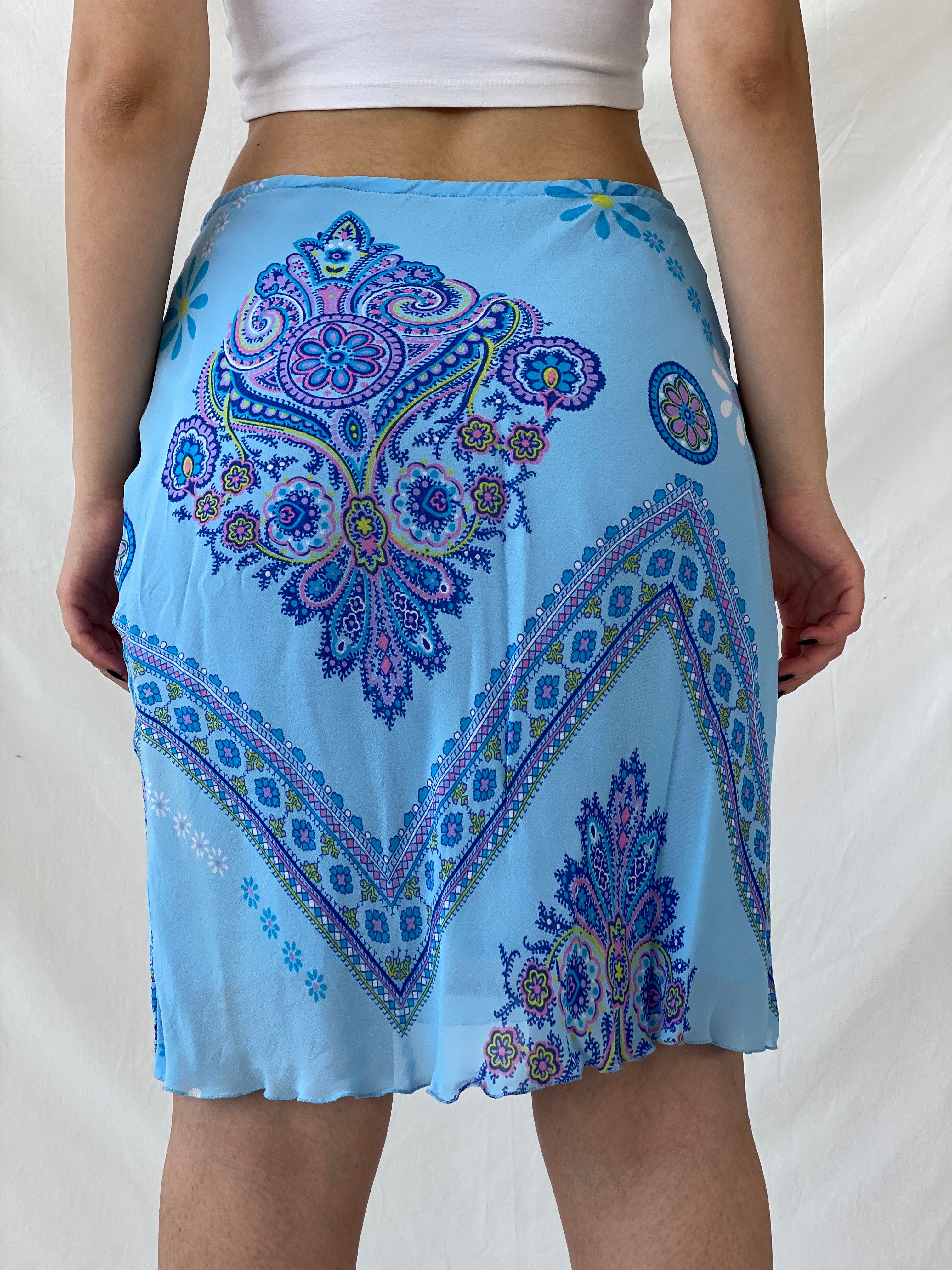 Beautiful Vintage Blue Floral Paisley Print Knee-Length Skirt - M