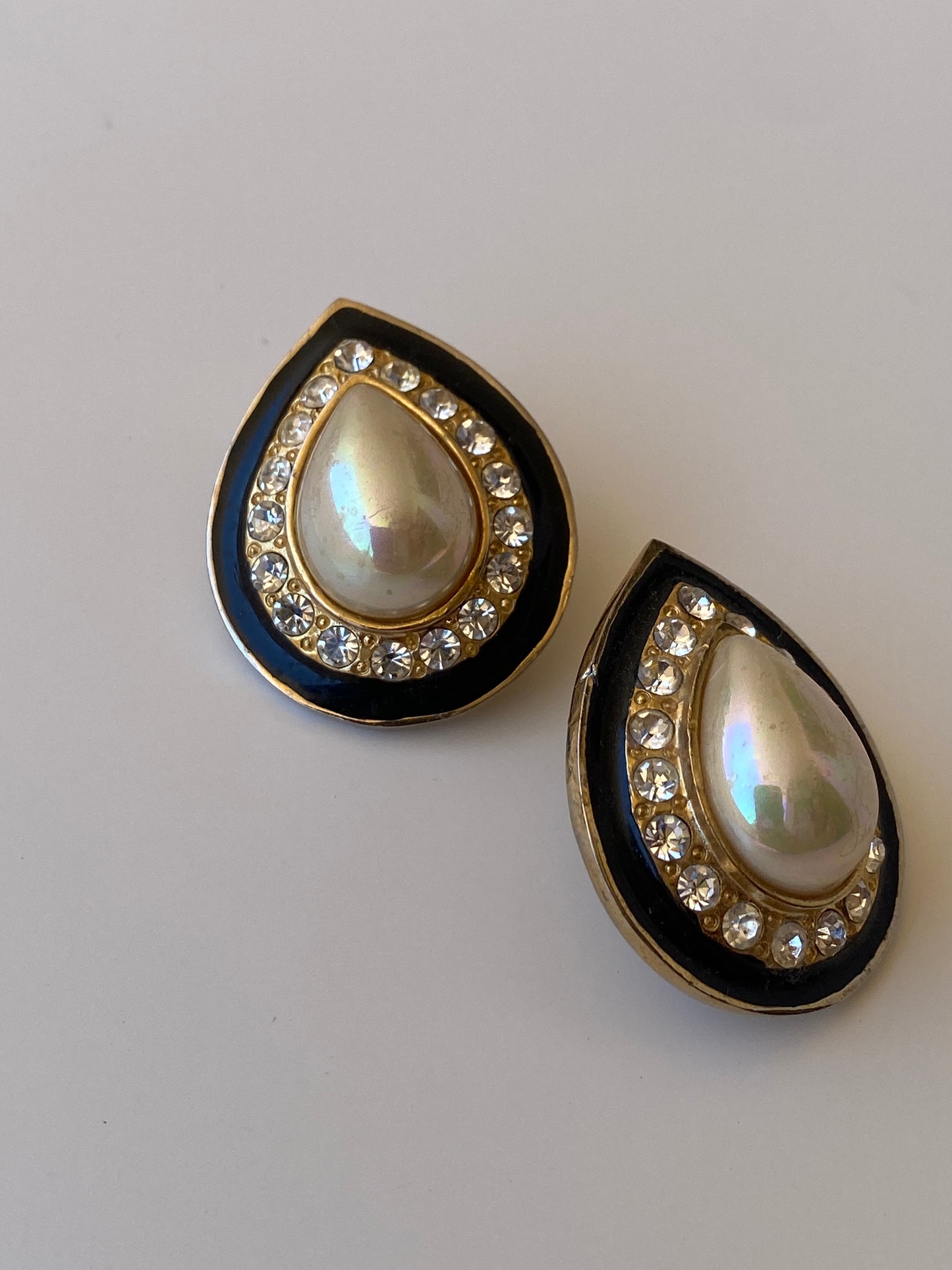 Vintage Faux Pearl Rhinestone Teardrop Statement Earrings Black & Gold Tone