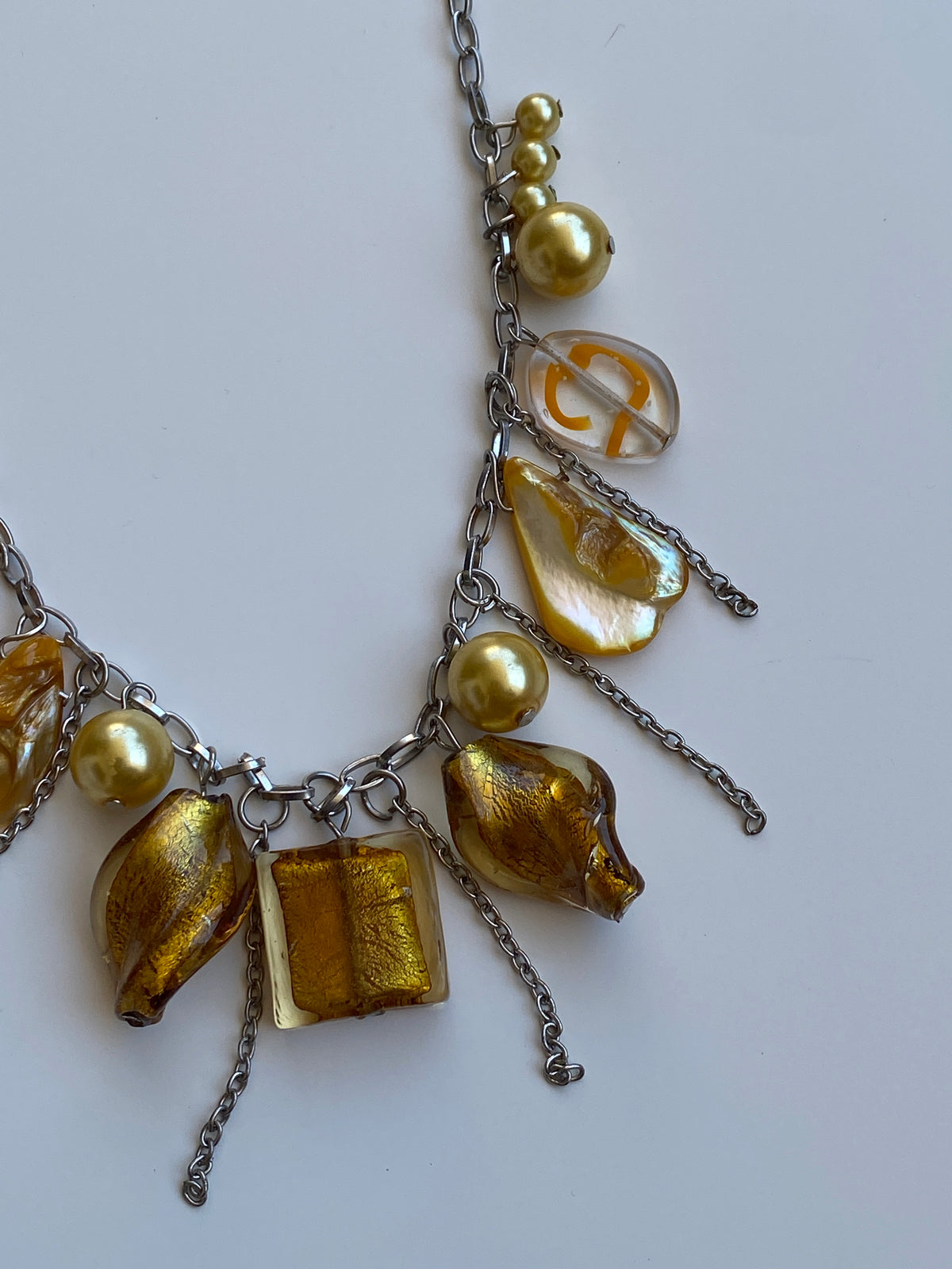 Vintage Y2K Silver-Tone Amber Glass & Faux Pearl Charm Necklace Vintage Y2K Silver-Tone Amber Glass & Faux Pearl Charm Necklace