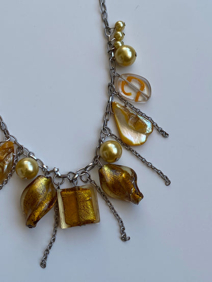 Vintage Y2K Silver-Tone Amber Glass & Faux Pearl Charm Necklace