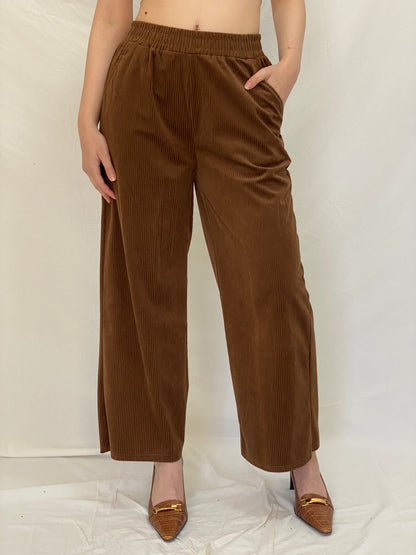 Handmade Brown Corduroy Pants Elastic Waist Trousers - M