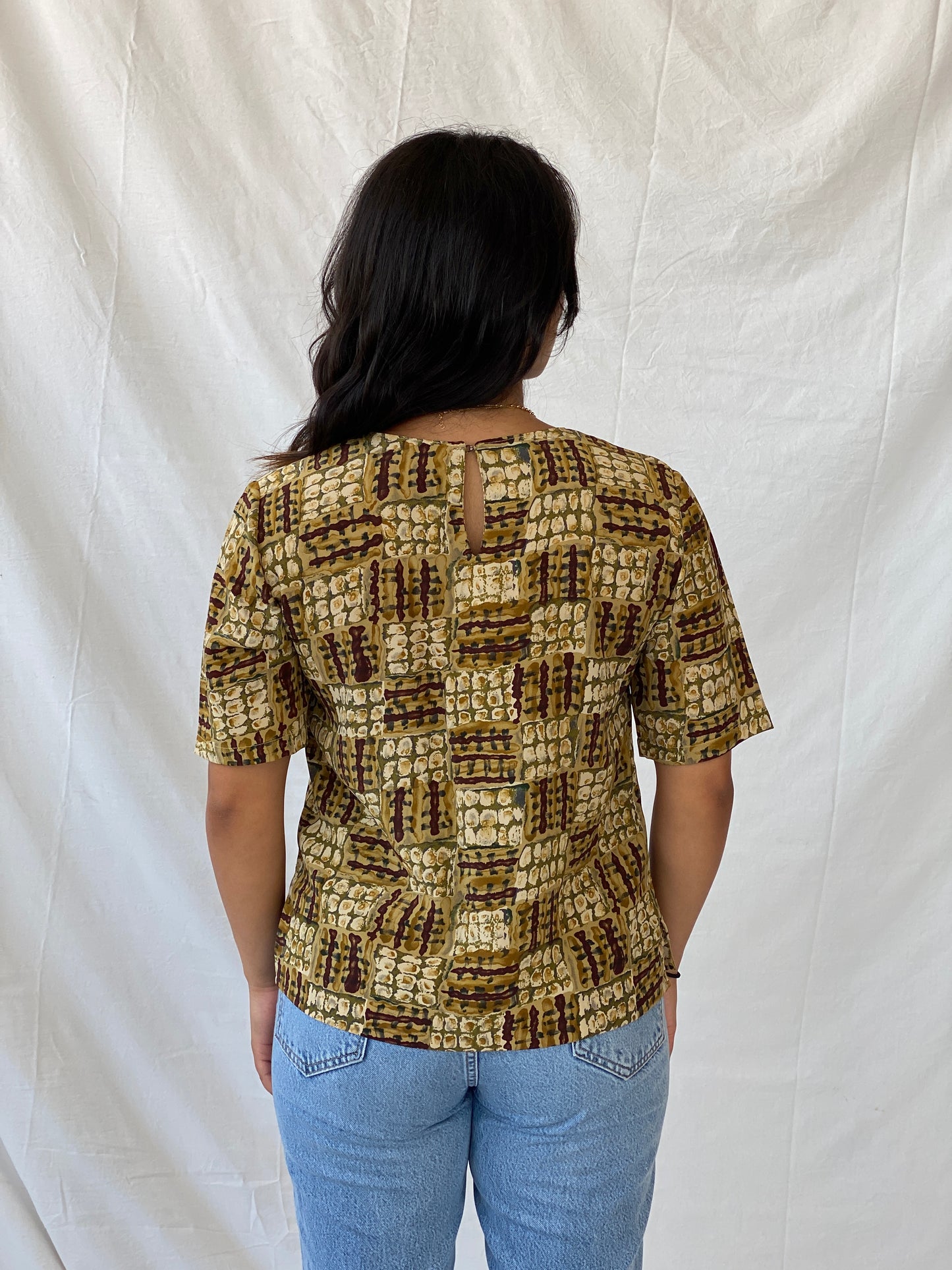 Earth-Tone African Mud Cloth Half-Sleeve Top - M