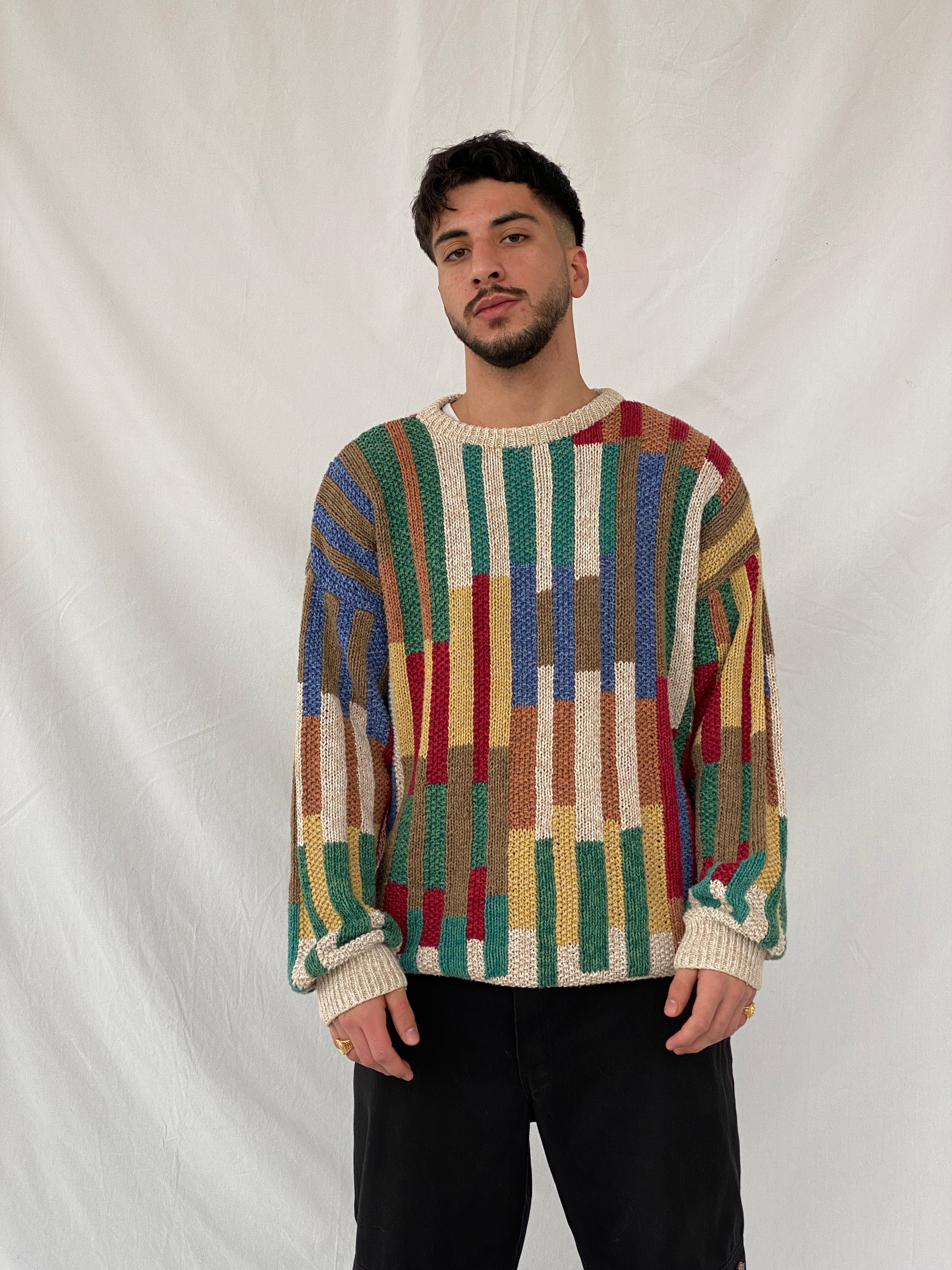 Vintage 90s Norm Thompson Men’s Crew Neck Color Block Striped Knit Sweater - XL