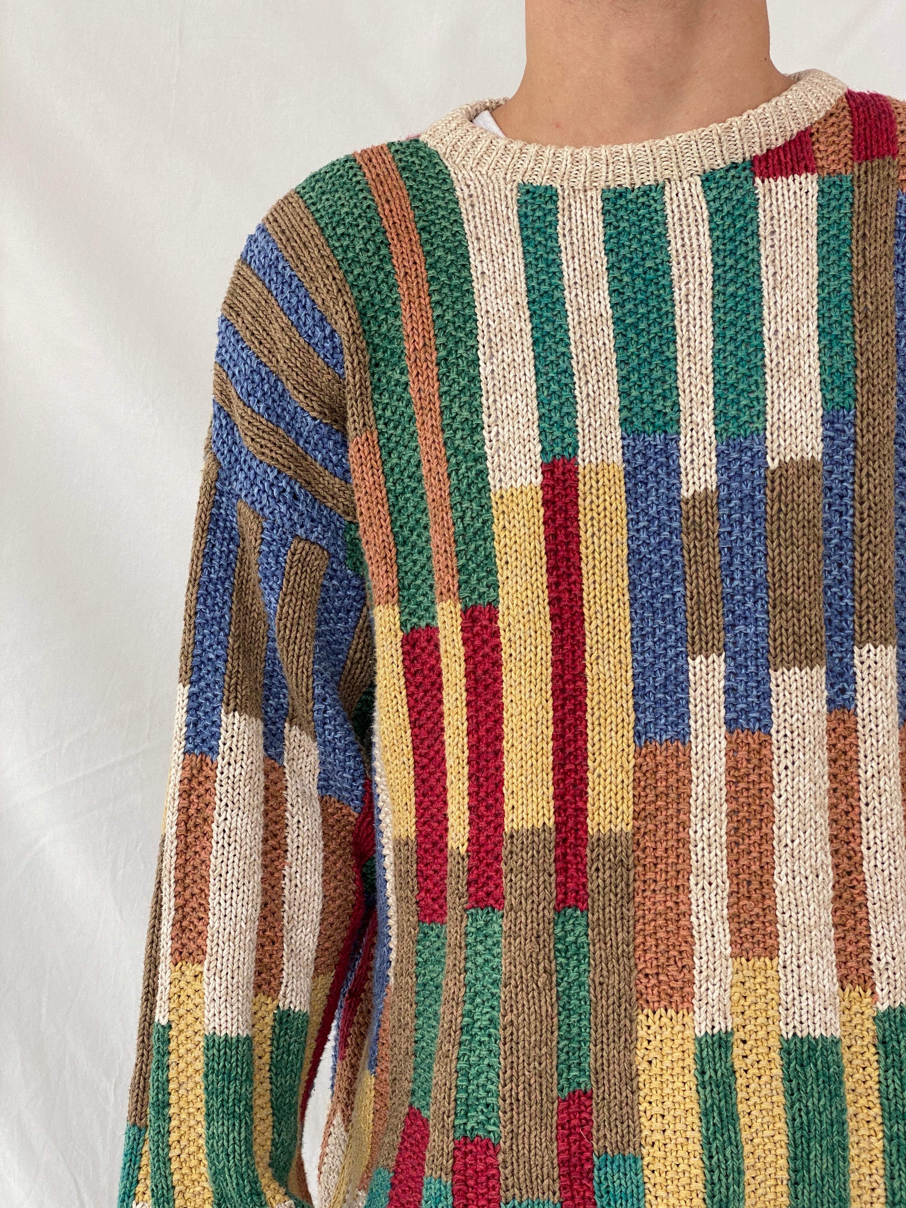 Vintage 90s Norm Thompson Men’s Crew Neck Color Block Striped Knit Sweater - XL