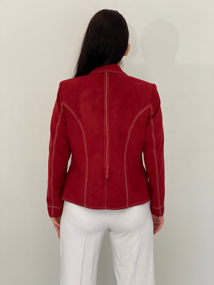 Vintage Baroness Woman Red Faux Suede Contrast Stitch Tailored Blazer – L