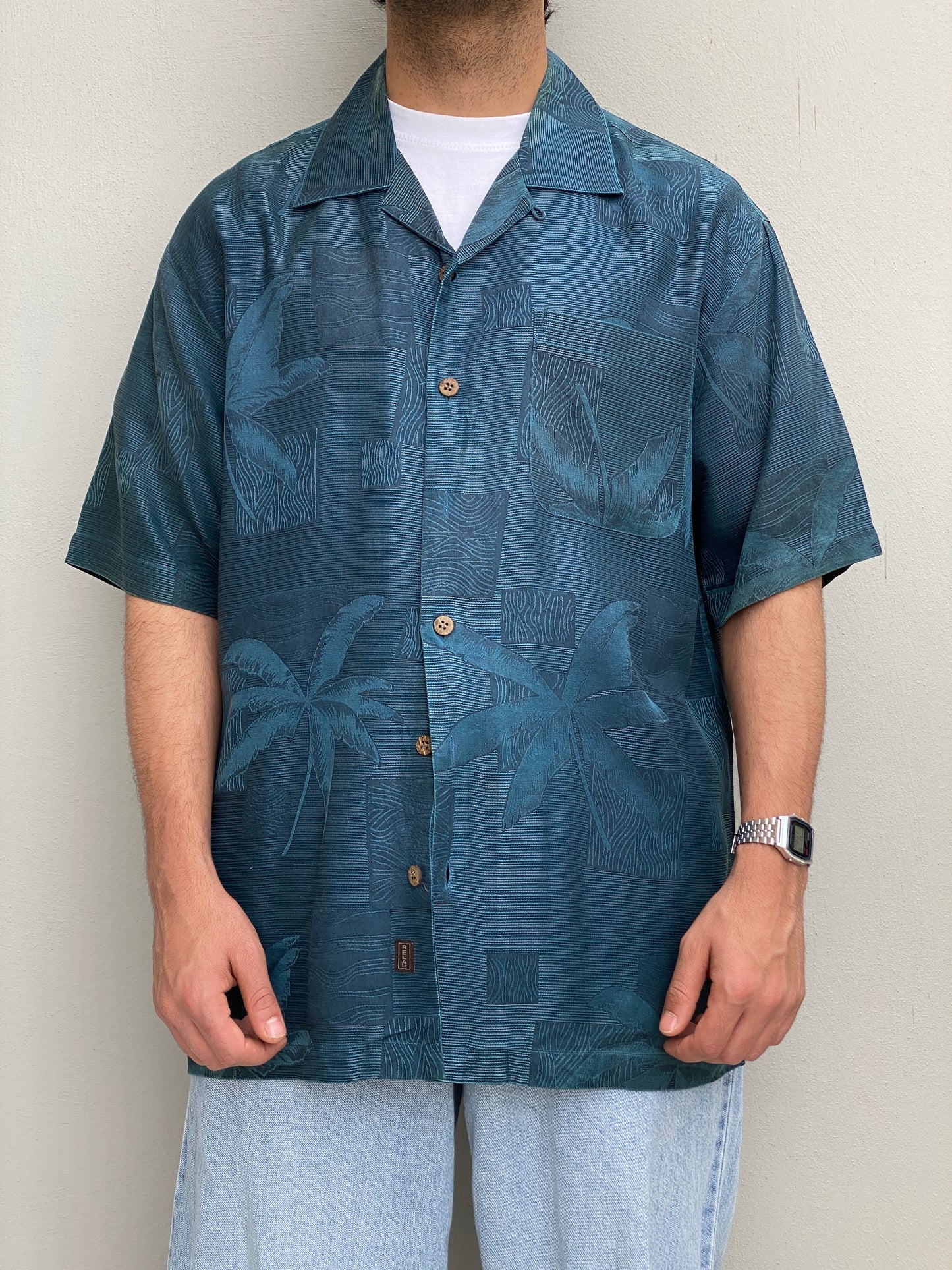 Vintage Tommy Bahama Relax Deep Navy Palm Jacquard Silk Camp Shirt – M
