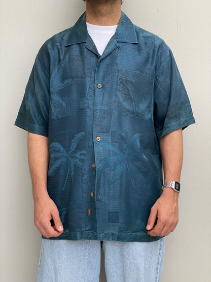 Vintage Tommy Bahama Relax Deep Navy Palm Jacquard Silk Camp Shirt – M