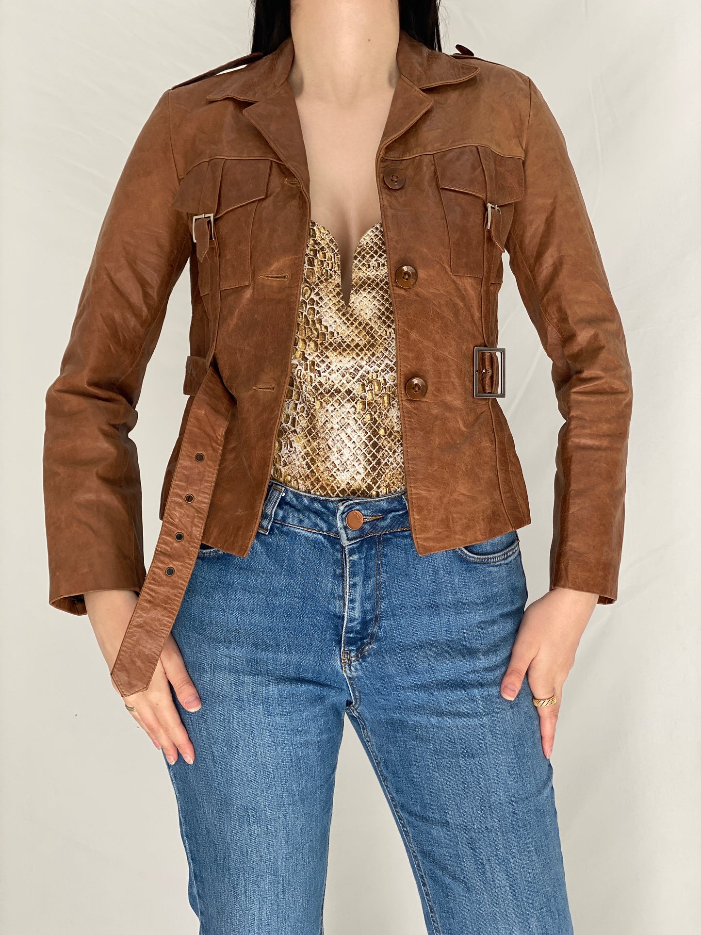 Vintage Y2K Influence Paris Brown Genuine Leather Fitted Belted Jacket - S