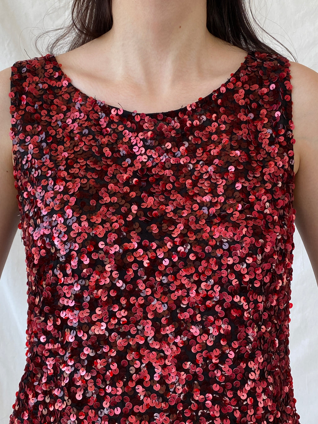 Vintage Vera Mont France Sequin Red Evening Top Sleeveless Party Tank Top - L