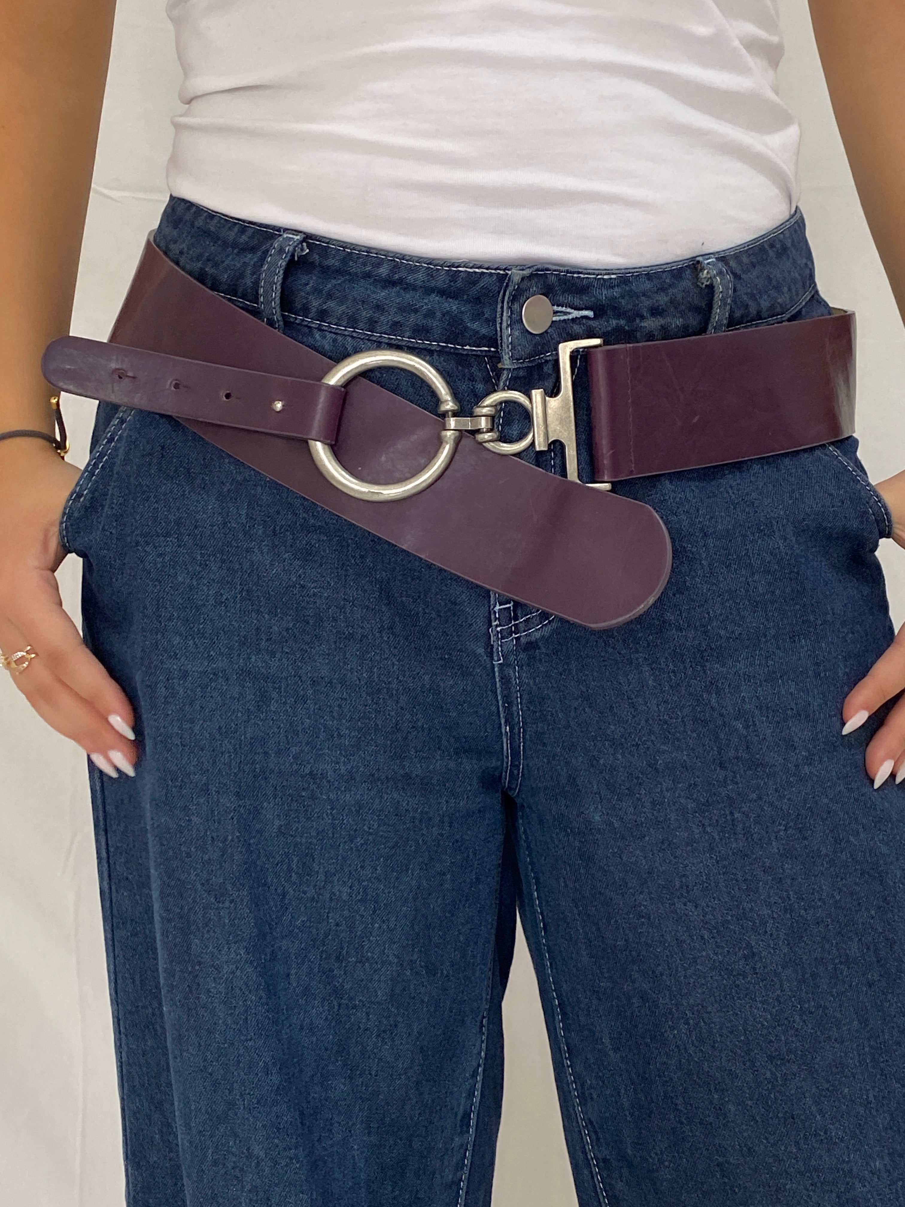 Vintage Wide Purple Genuine Leather Belt Oversized Silver Ring Clasp Y2K Waist Belt