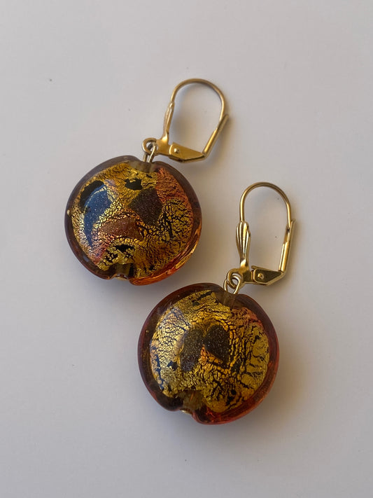 Vintage Murano Style Amber Gold Foil Glass Drop Earrings