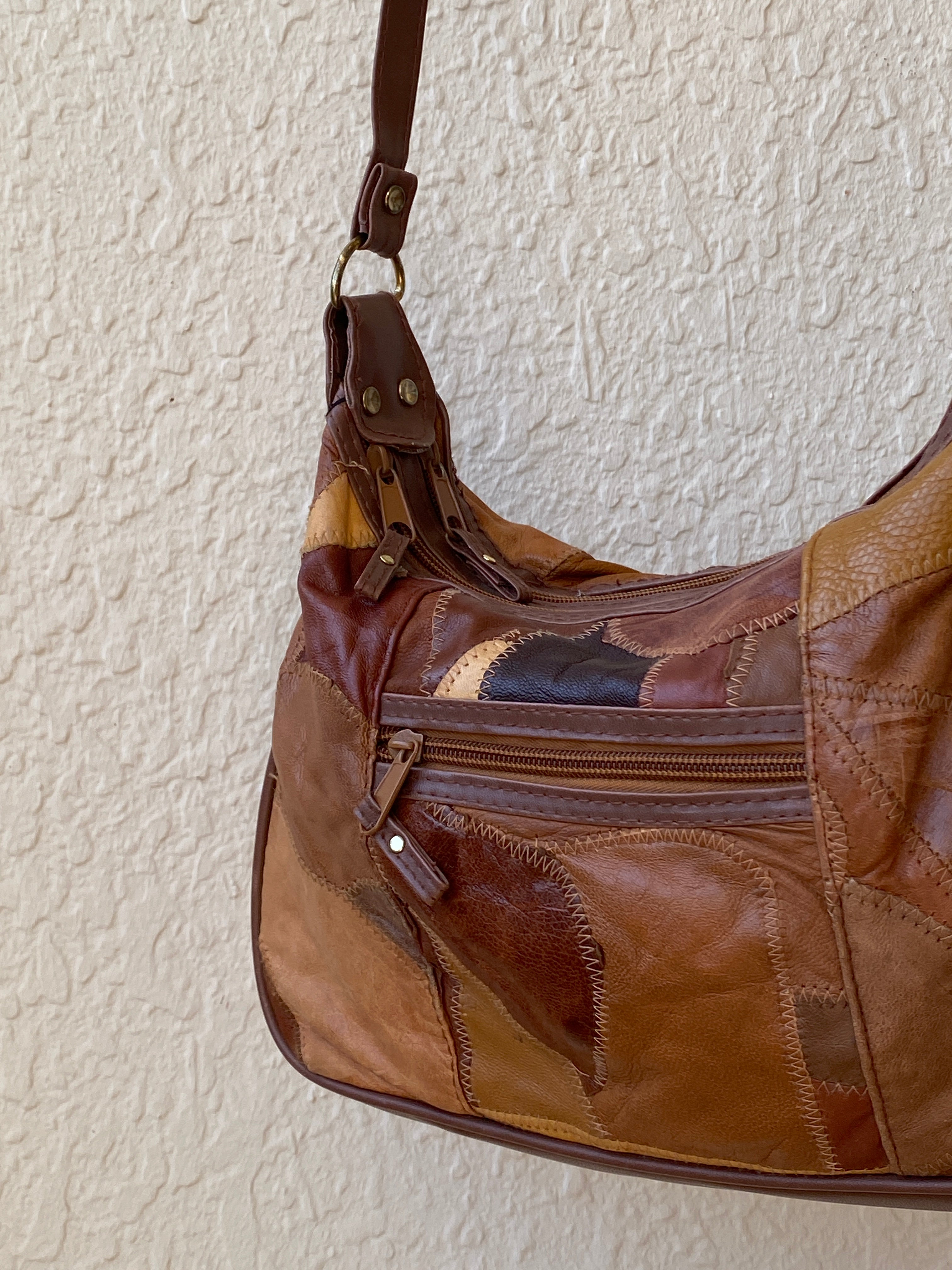 Vintage Brown & Tan Leather Purse Patchwork Crossbody Bag