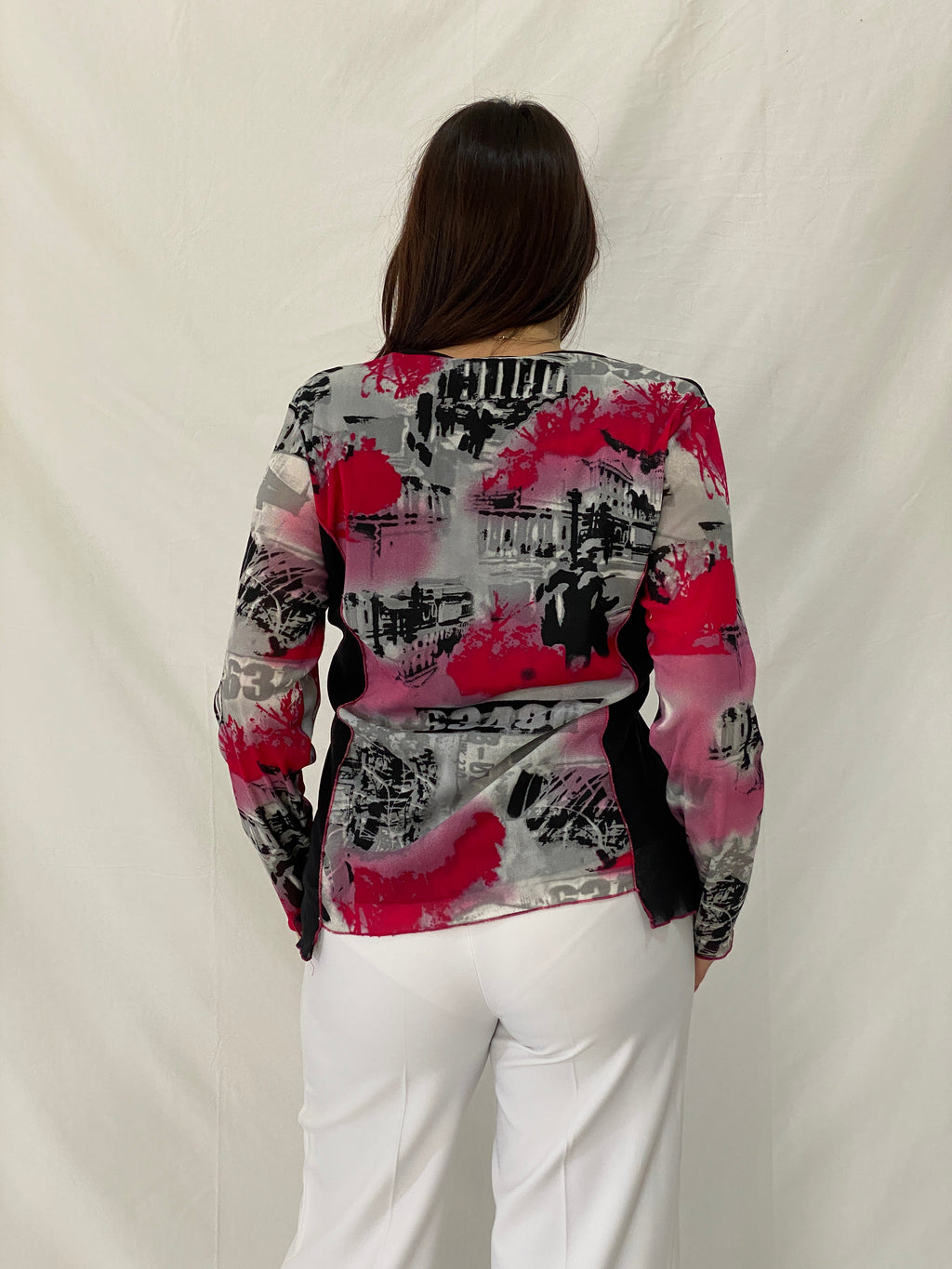 Vintage WARWICK JONES Black & Pink Striped Graphic Mesh Top - L