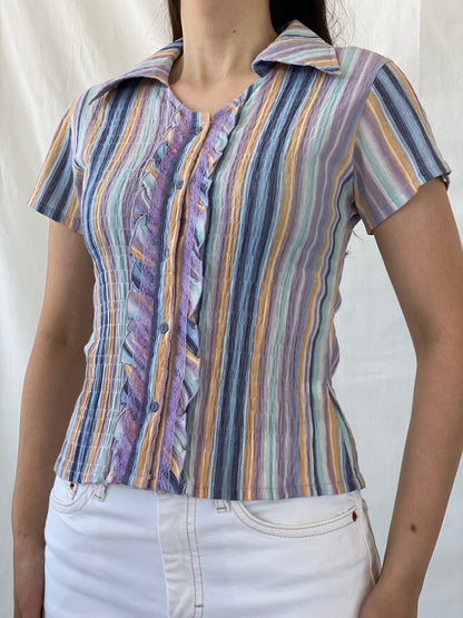 Y2K Pastel Purple Blue Striped Cut Out Back Scrunch Short Sleeve Shirt- M