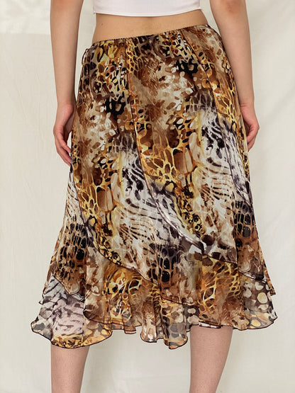 Vintage Y2K Brown Animal Print Mesh Midi Skirt – L