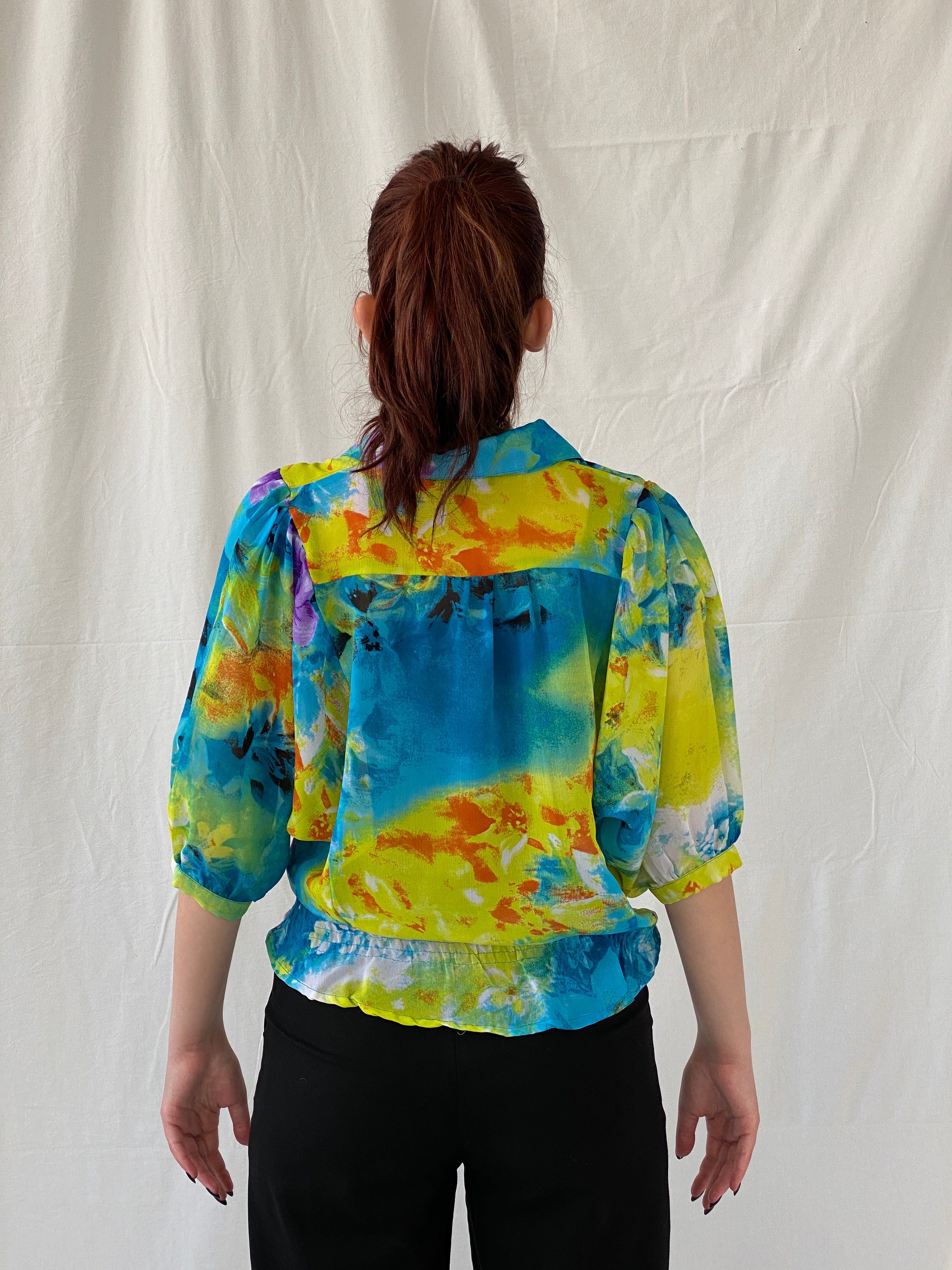 Vintage 90s Follow Me Floral Blue Puff Sleeve Elastic Waist Blouse - M