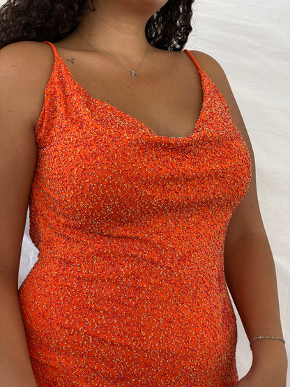 Stunning Alexia Admor Beaded Hot Orange Backless Midi Dress - L