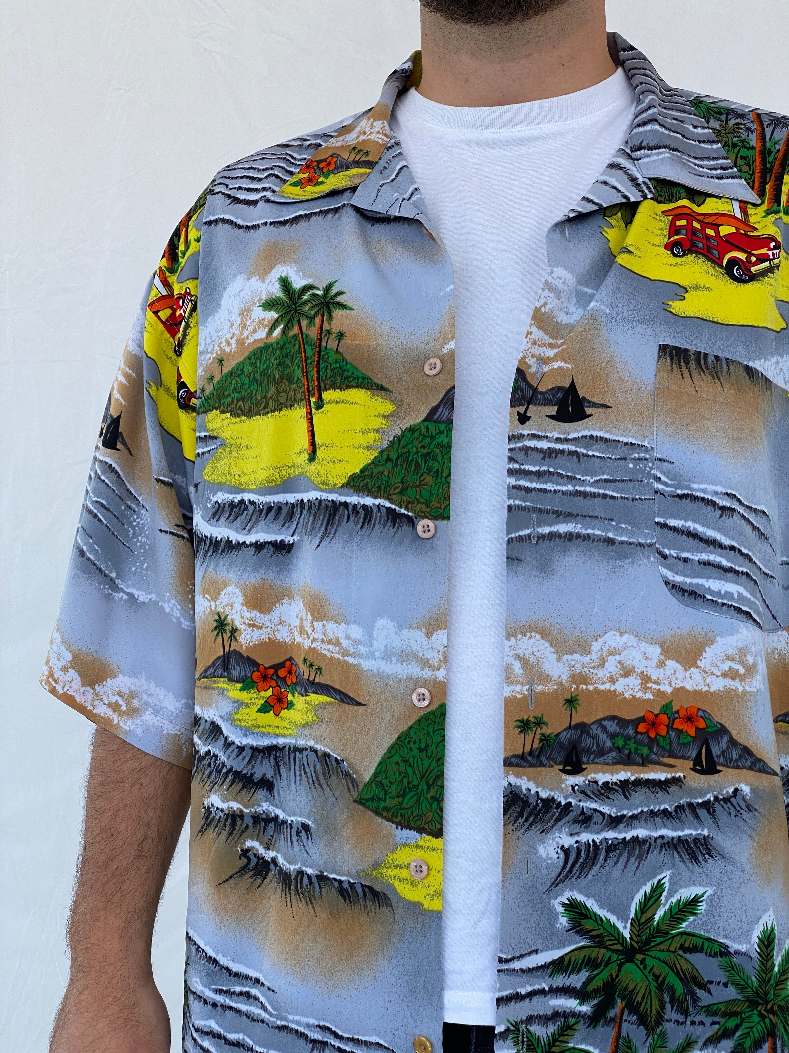 00s Koman Sport Hawaiian Palm Trees Button Shirt - 2XL