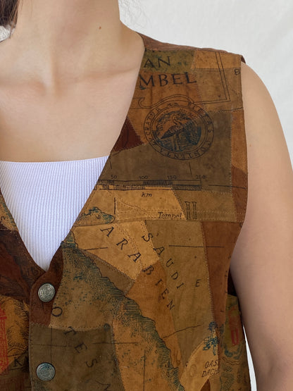 Vintage Rebel Craft Patchwork Suede Middle East Map Vest - L