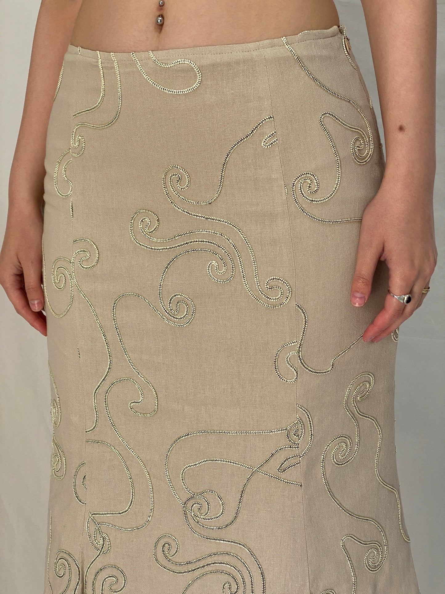 Vintage Jean Joulian Beige Linen Blend Embroidered Midi Skirt - S