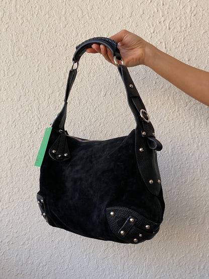 Vintage FURLA Genuine Suede Patent Leather Black Hobo Shoulder Bag