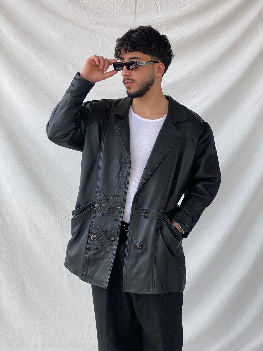 Statement 90s Vintage Genuine Italian Black Leather Coat with Geometric Details - L